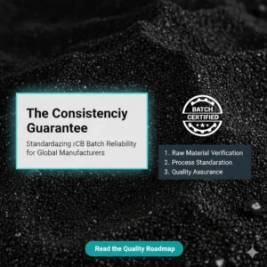Recovered Carbon Black (rCB) batch consistency guarantee showing certified quality process, raw material verification, process standardization, and quality assurance for reliable manufacturing.