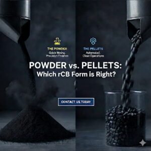 Recovered carbon black (rCB) powder vs pellets comparison showing powder material on the left and carbon black pellets on the right, highlighting differences in mixing, handling, and industrial applications.