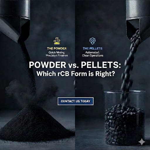 Recovered carbon black (rCB) powder vs pellets comparison showing powder material on the left and carbon black pellets on the right, highlighting differences in mixing, handling, and industrial applications.