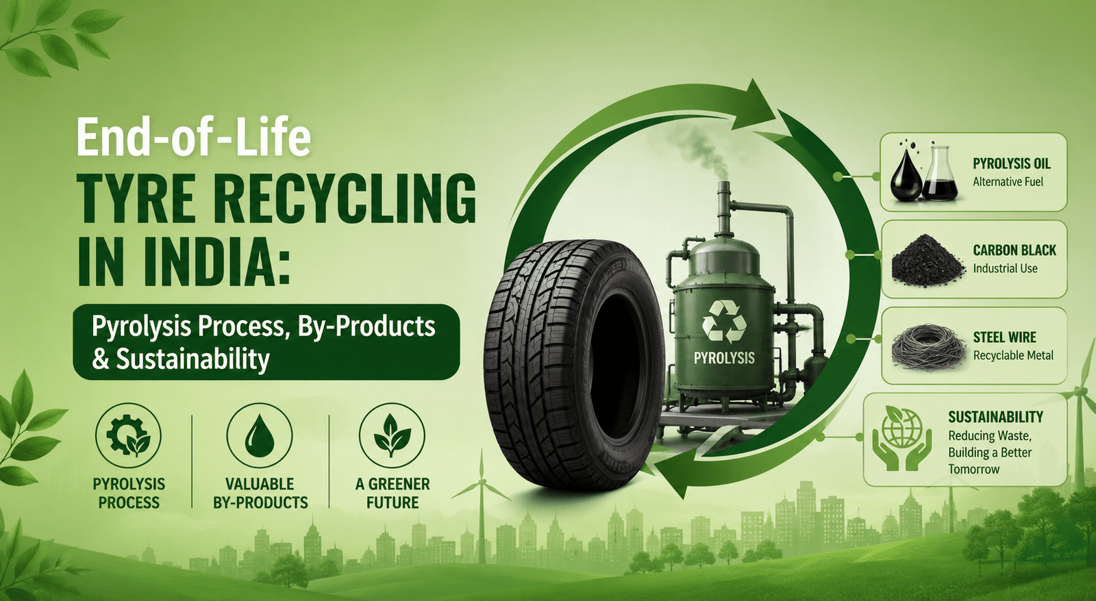 Eco-friendly tyre recycling in India using pyrolysis technology to recover oil, carbon black, and steel while supporting sustainability and waste reduction.